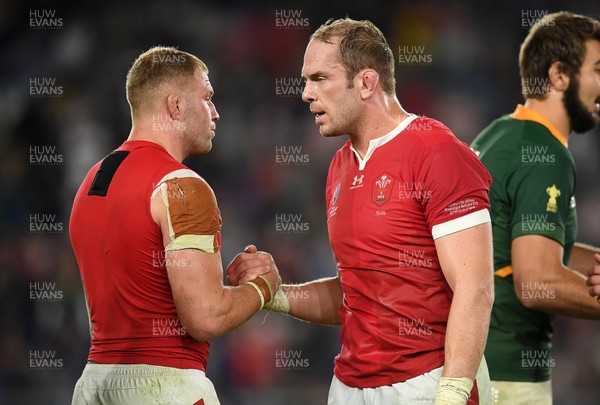 271019 - Wales v South Africa - Rugby World Cup Semi-Final - Dejected Ross Moriarty and Alun Wyn Jones of Wales