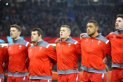 291114 - Wales v South Africa - Dove Men Series -Rhys Priestland, Aaron Jarvis, Scott Williams, Taulupe Faletau and Alex Cuthbert during anthems