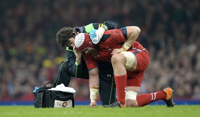 291114 - Wales v South Africa - Dove Men Series -Jake Ball of Wales is treated by Mark Davies