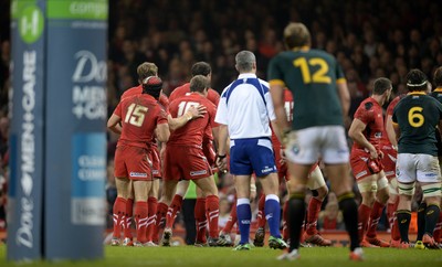 291114 - Wales v South Africa - Dove Men Series -Leigh Halfpenny of Wales stands at the back of a 15 man line out