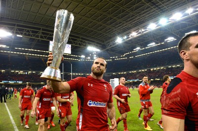 291114 - Wales v South Africa - Dove Men Series -Jamie Roberts of Wales celebrates with the Prince William cup