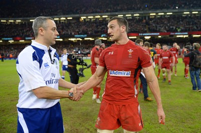 291114 - Wales v South Africa - Dove Men Series -Sam Warburton of Wales shakes hands with referee John Lacey