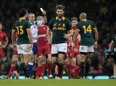 291114 - Wales v South Africa - Dove Men Series - Cornal Hendricks of South Africa is shown a yellow card by referee John Lacey