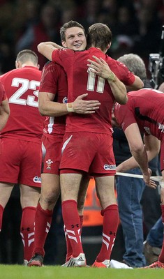 291114 - Wales v South Africa - Dove Men Series - Dan Biggar of Wales celebrates the victory with Liam Williams of Wales