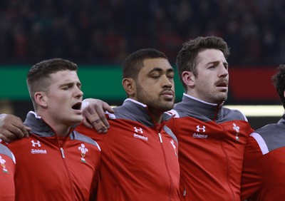 291114 - Wales v South Africa - Dove Men+Care Series -Scott Williams, Taulupe Faletau and Alex Cuthbert of Wales line up for the national anthems