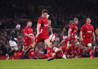 291114 - Wales v South Africa - Dove Men+Care Series -Dan Biggar of Wales kicks to space