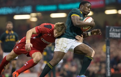 291114 - Wales v South Africa, Dove Men Series 2014, Cardiff - Lwazi Mvovo of South Africa is tackled by Liam Williams of Wales 