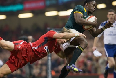 291114 - Wales v South Africa, Dove Men Series 2014, Cardiff - Lwazi Mvovo of South Africa is tackled by Liam Williams of Wales 