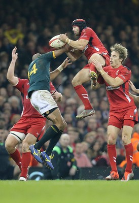 291114 - Wales v South Africa, Dove Men Series 2014, Cardiff - Leigh Halfpenny of Wales wins the ball as Cornal Hendricks of South Africa challenges