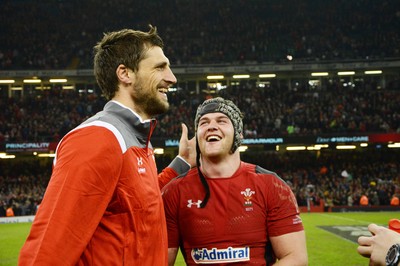 291114 - Wales v South Africa -Wales Luke Charteris(lt) and Dan Lydiate celebrate on the final whistle