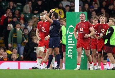 291125 - Wales v South Africa Springboks - Quilter Nations Series - Aaron Wainwright of Wales is given a yellow card under review by Referee Luc Ramos 