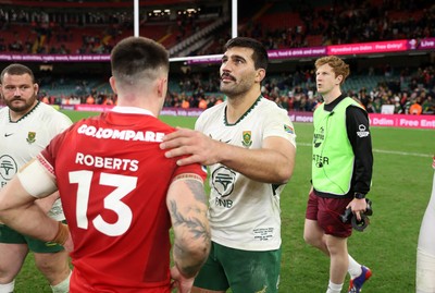 291125 - Wales v South Africa Springboks - Quilter Nations Series - Joe Roberts of Wales shakes hands with the opposition at full time