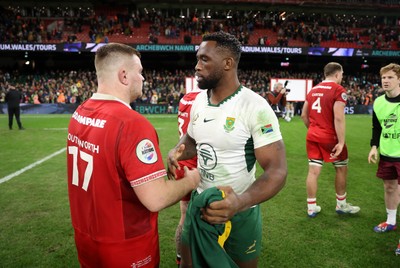291125 - Wales v South Africa Springboks - Quilter Nations Series - Danny Southworth of Wales and Siya Kolisi of South Africa at full time