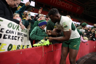 291125 - Wales v South Africa Springboks - Quilter Nations Series - Taine Plumtree of Wales gives his boots to a young fan