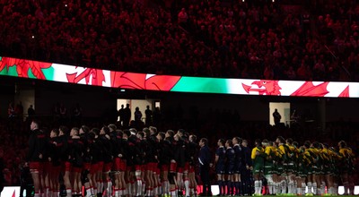 291125 - Wales v South Africa Springboks, Quilter Nations Series - The teams line up for the anthems