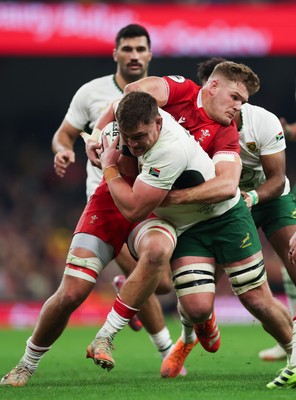 291125 - Wales v South Africa Springboks, Quilter Nations Series - Jasper Wiese of South Africa is held by Taine Plumtree of Wales