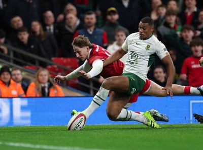 291125 - Wales v South Africa Springboks, Quilter Nations Series - Ellis Mee of Wales looks to score as he battles with Damian Willemse of South Africa