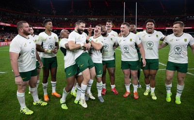 291125 - Wales v South Africa Springboks, Quilter Nations Series - Cobus Reinach of South Africa is lifted by Bongi Mbonambi of South Africa at the end of the match