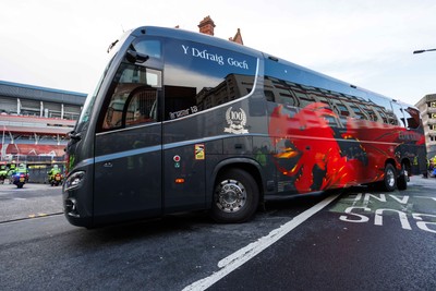 291125 - Wales v South Africa - Quilter Nations Series - Wales team bus arrives at Principality Stadium