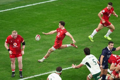 291125 - Wales v South Africa - Quilter Nations Series - Kieran Hardy of Wales kicks the ball from inside his own in-goal are