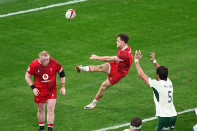 291125 - Wales v South Africa - Quilter Nations Series - Kieran Hardy of Wales kicks the ball from inside his own in-goal are