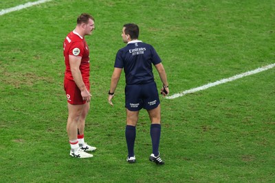 291125 - Wales v South Africa - Quilter Nations Series - Dewi Lake of Wales talks with Referee Luc Ramos