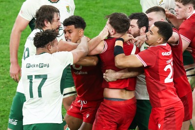 291125 - Wales v South Africa - Quilter Nations Series - Eben Etzebeth of South Africa and Alex Mann of Wales tussle before Eben Etzebeth is shown a red card for making contact with his eye 