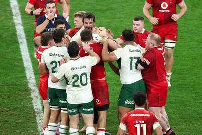 291125 - Wales v South Africa - Quilter Nations Series - Eben Etzebeth of South Africa and Alex Mann of Wales tussle before Eben Etzebeth is shown a red card for making contact with his eye