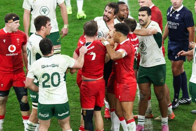 291125 - Wales v South Africa - Quilter Nations Series - Eben Etzebeth of South Africa and Alex Mann of Wales tussle before Eben Etzebeth is shown a red card for making contact with his eye