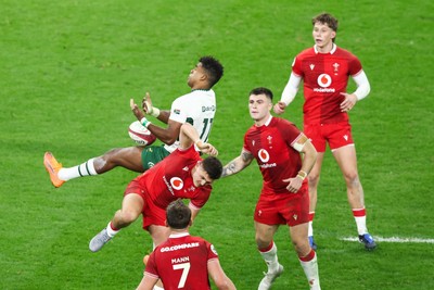 291125 - Wales v South Africa - Quilter Nations Series - Canan Moodie of South Africa wins a high ball against Joe Roberts of Wales