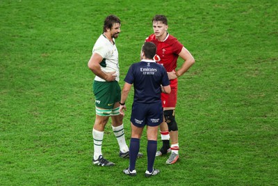 291125 - Wales v South Africa - Quilter Nations Series - Referee Luc Ramos talks with Eben Etzebeth of South Africa and Alex Mann of Wales following a scuffle