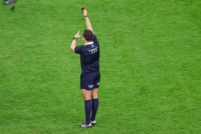 291125 - Wales v South Africa - Quilter Nations Series - Referee Luc Ramos shows Eben Etzebeth of South Africa (not in picture) a red card