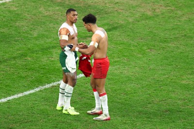 291125 - Wales v South Africa - Quilter Nations Series - Damian Willemse of South Africa and Rio Dyer of Wales swap shirts at the end of the match