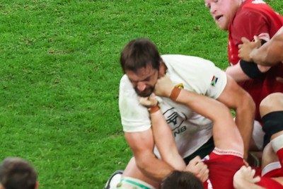 291125 - Wales v South Africa - Quilter Nations Series - Alex Mann of Wales and Eben Etzebeth of South Africa tussle on the floor ahead of the incident that led to Eben Etzebeth being sent off