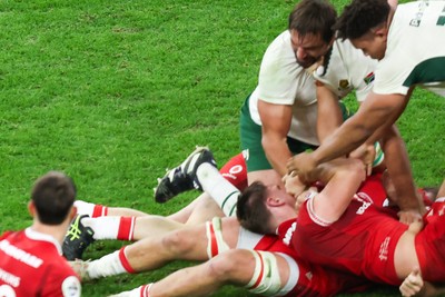 291125 - Wales v South Africa - Quilter Nations Series - Alex Mann of Wales and Eben Etzebeth of South Africa tussle on the floor ahead of the incident that led to Eben Etzebeth being sent off