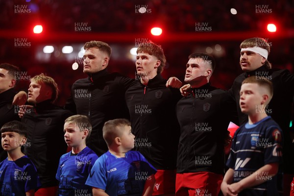 291125 - Wales v South Africa Springboks - Quilter Nations Series - Blair Murray, Taine Plumtree, Ellis Mee, Joe Roberts and Aaron Wainwright of Wales sing the anthem