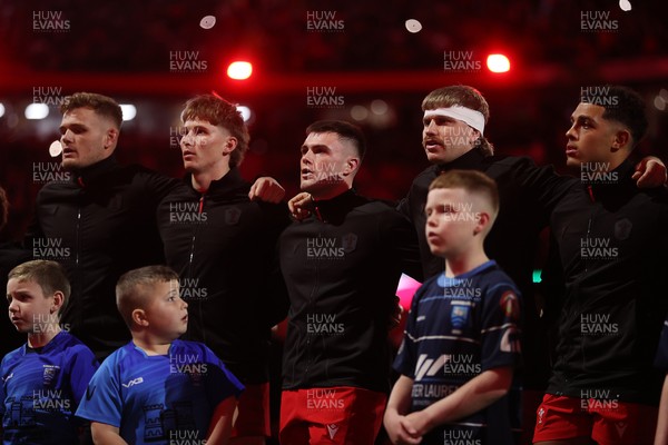 291125 - Wales v South Africa Springboks - Quilter Nations Series - Taine Plumtree, Ellis Mee, Joe Roberts and Aaron Wainwright and Rio Dyer of Wales sing the anthem