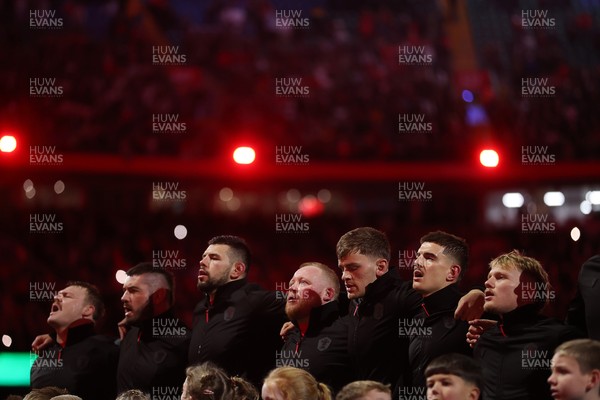 291125 - Wales v South Africa Springboks - Quilter Nations Series - Dewi Lake, Gareth Thomas, Rhys Davies and Keiron Assiratti, Alex Mann, Joe Hawkins and Blair Murray of Wales sing the anthem
