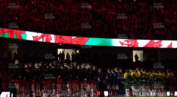 291125 - Wales v South Africa Springboks, Quilter Nations Series - The teams line up for the anthems