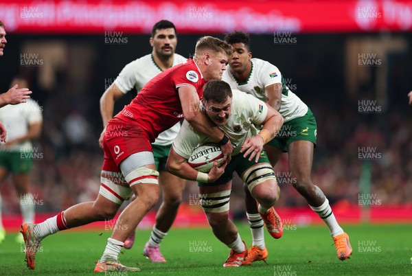 291125 - Wales v South Africa Springboks, Quilter Nations Series - Jasper Wiese of South Africa is held by Taine Plumtree of Wales