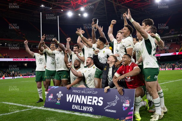 291125 - Wales v South Africa Springboks, Quilter Nations Series - South Africa celebrate as they lift The Prince William Cup