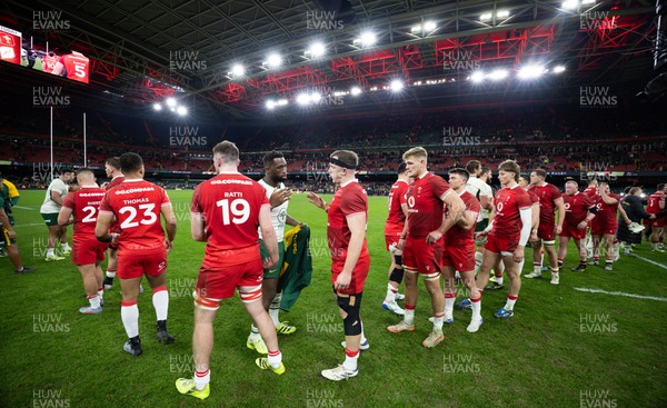 291125 - Wales v South Africa Springboks, Quilter Nations Series - Players congratulate each other at the end of the match