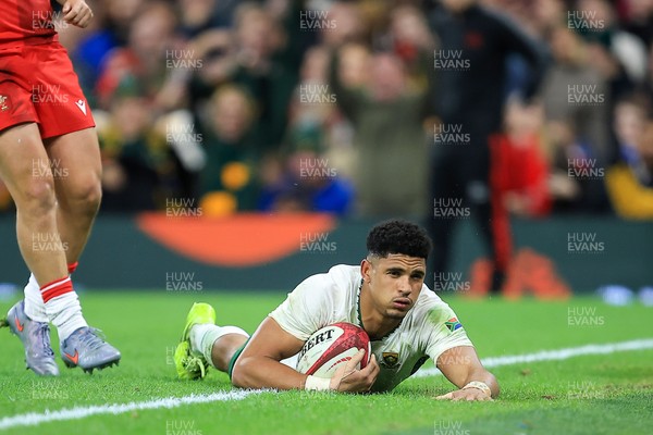 291125 - Wales v South Africa - Quilter Nations Series - Sacha Feinberg-Mngomezulu of South Africa Scores a Try