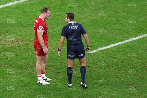 291125 - Wales v South Africa - Quilter Nations Series - Dewi Lake of Wales talks with Referee Luc Ramos