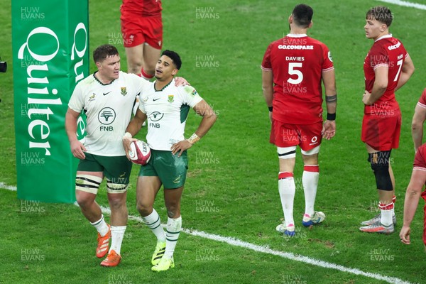 291125 - Wales v South Africa - Quilter Nations Series - Sacha Feinberg-Mngomezulu of South Africa is congratulated by teammates after scoring a try