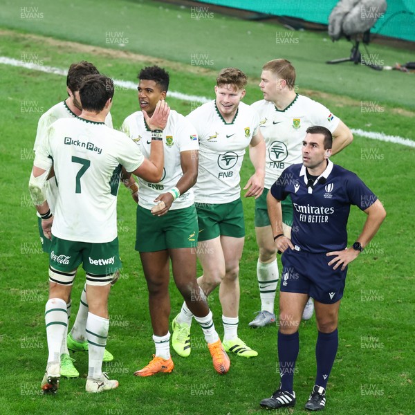 291125 - Wales v South Africa - Quilter Nations Series - Canan Moodie of South Africa is congratulated by teammates after scoring a try