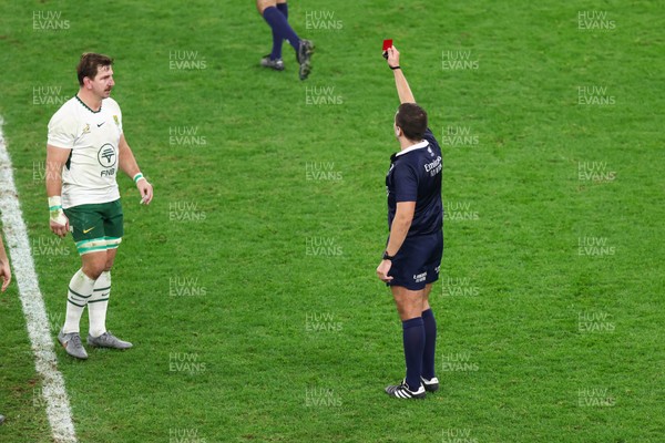 291125 - Wales v South Africa - Quilter Nations Series - Referee Luc Ramos shows Eben Etzebeth of South Africa (not in picture) a red card