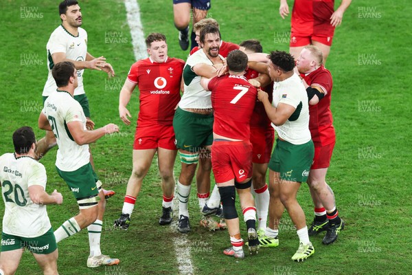 291125 - Wales v South Africa - Quilter Nations Series - Eben Etzebeth of South Africa and Alex Mann of Wales tussle before Eben Etzebeth is shown a red card for making contact with his eye