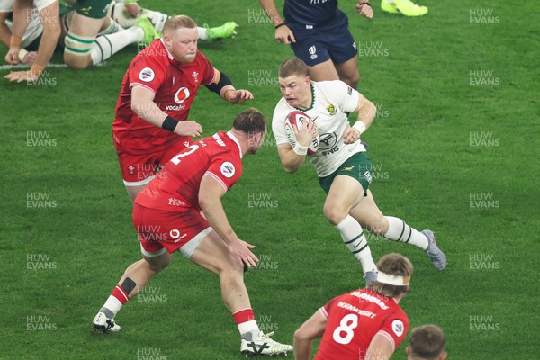 291125 - Wales v South Africa - Quilter Nations Series - Morne van den Berg of South Africa runs at Dewi Lake and Keiron Assiratti of Wales