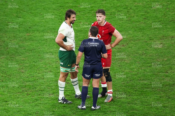 291125 - Wales v South Africa - Quilter Nations Series - Referee Luc Ramos talks with Eben Etzebeth of South Africa and Alex Mann of Wales following a scuffle